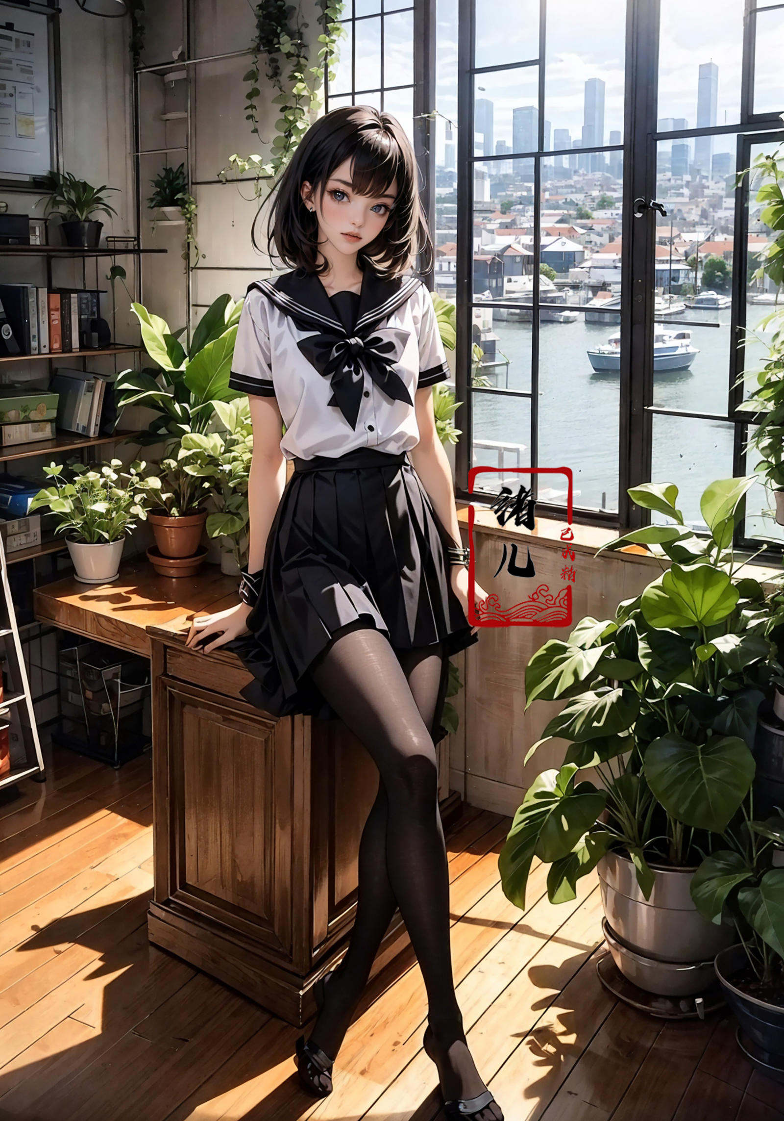 Epic CG masterpiece, an anime girl in a room with plants, no shoes, Black transparent pantyhose, pleated skirt, Sailor suit, sailor collar, in the style of photorealistic urban scenes, applecore, sandalpunk, high-angle, vacation dadcore, solarizing master，night，1girl,  Milky skin, (shiny skin:1.4)，sit，Crossed legs, Black transparent pantyhose，<lora:绪儿-阳光少女window:0.8>