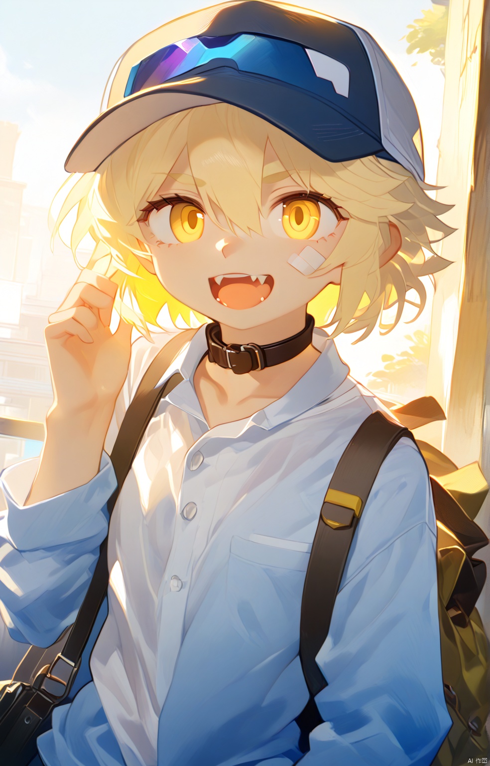 1girl, solo, looking at viewer, short hair, open mouth, blonde hair, shirt, long sleeves, hat, hair between eyes, yellow eyes, upper body, collared shirt, bag, bandaid, baseball cap