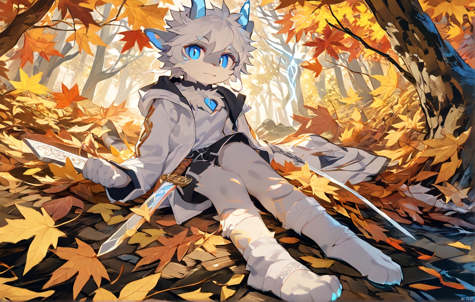 (masterpiece),(best quality),illustration,ultra detailed,hdr,Depth of field,(colorful),artist:wanke,artist:tianliang duohe fangdongye,bright outline,1girl, solo,dragon girl,slit pupils,blue pupils,glowing eyes,horns,long hair, floating hair, white hair, dragon tail, shiny butterfly, glowing butterfly, soft lawn, warm colors, Tyndall effect, Tyndall light, white long shirt, black sleeveless jacket, orange transparent sleeves, transparent Ceiling, fallen leaves, maple leaves, autumn, between two rows of trees there is a road filled with fallen leaves, in the middle of the road there is a beam of light shining on a sword stuck in the ground, sacred, ancient, side shot, wide angle shot, shorts, stepping Foot socks, hanging,transparent,transparent wings,Leather gloves, sharp teeth, clear glass strips, ancient wooden swords engraved with golden runes, foot socks, light gray foot socks, the bottom of the foot socks fades to black,bichu,body fur,furry