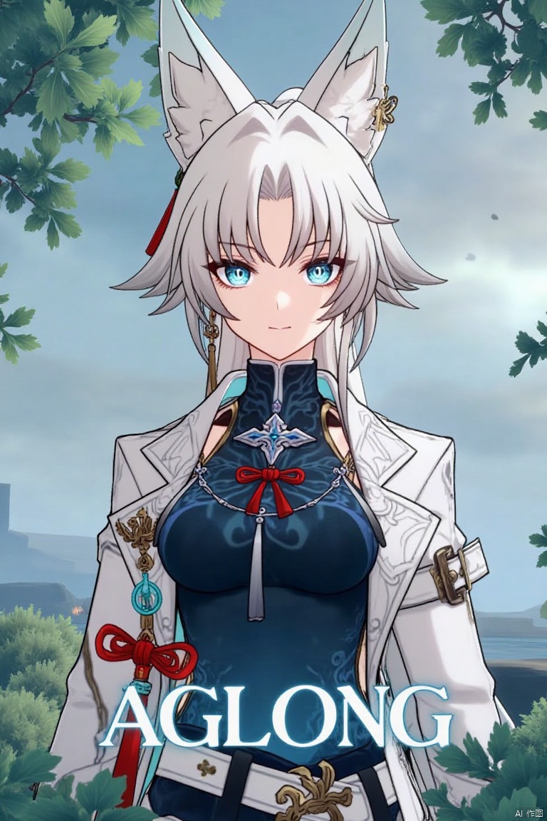 1girl,fx,slol,Movie poster, half body, middle text below "AGlong"Movie Poster Font Design,White hair, white fox ears, white long-sleeved coat,Dark blue vest, surrounded by leaves,