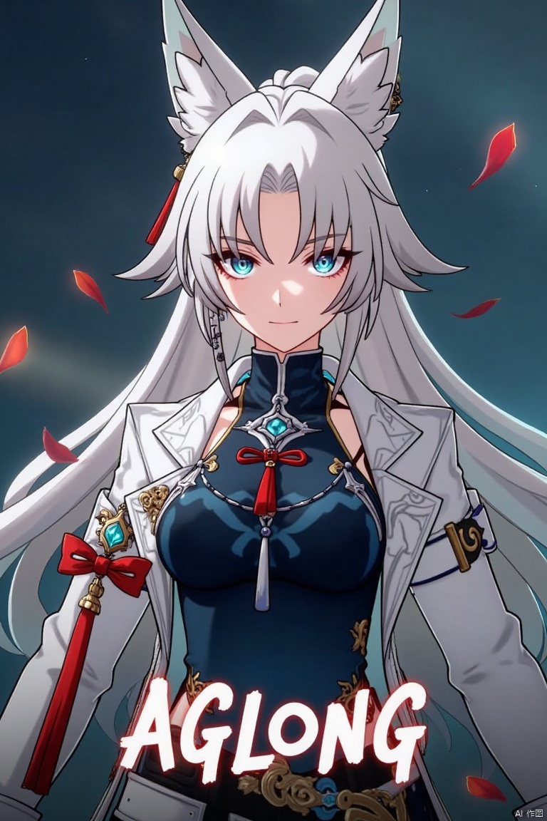1girl, solo, half-body shot, dynamic action pose, movie poster style, middle text below AGlong in bold movie poster font design, three-dimensional character design, white hair, white fox ears, white long-sleeved coat, dark blue vest, leaves and petals scattered around, dramatic lighting with highlights on the character, detailed facial features, intense expression, cinematic composition, dark background with glowing accents, high contrast, professional movie poster aesthetic.