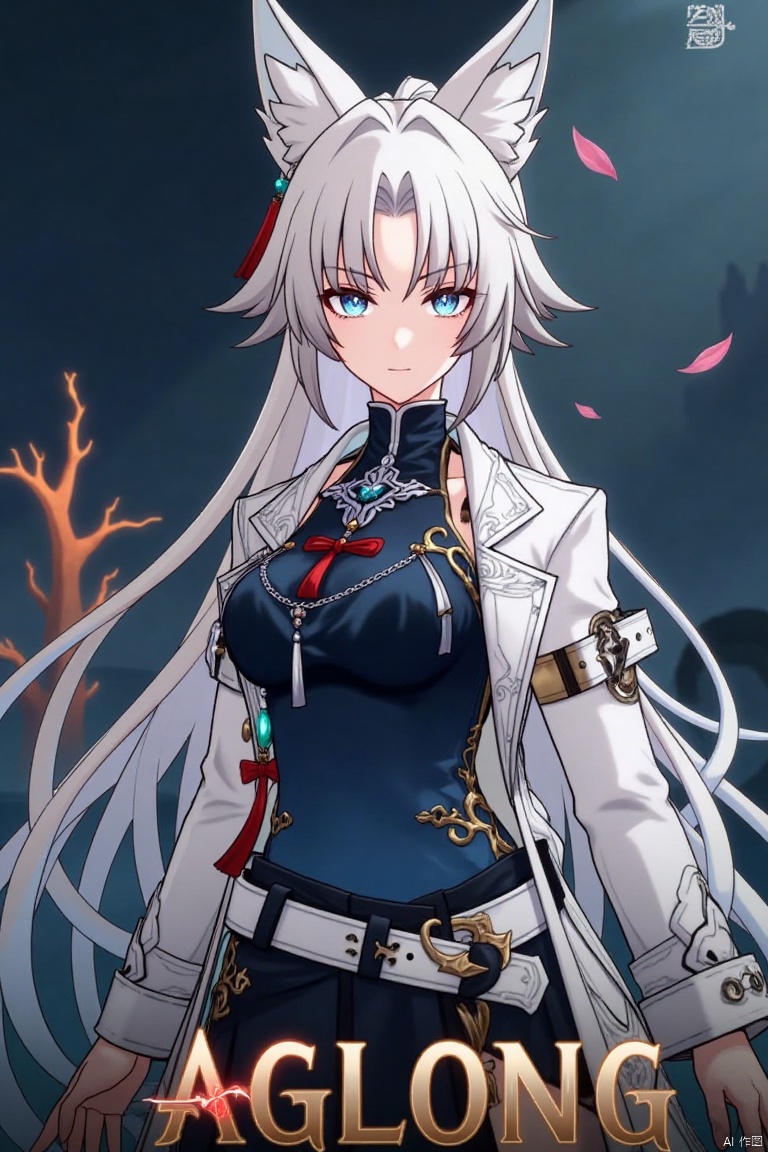 1girl, solo, half-body shot, dynamic action pose, movie poster style, middle text below AGlong in bold movie poster font design, three-dimensional character design, white hair, white fox ears, white long-sleeved coat, dark blue vest, leaves and petals scattered around, dramatic lighting with highlights on the character, detailed facial features, intense expression, cinematic composition, dark background with glowing accents, high contrast, professional movie poster aesthetic.