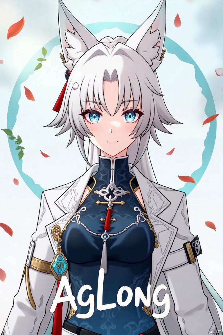 1girl,fx,slol,Movie poster, half body, (middle text below "AGlong"Movie Poster Font Design,Three-dimensional character design,)White hair, white fox ears, white long-sleeved coat,Dark blue vest, Leaves and petals are scattered around,