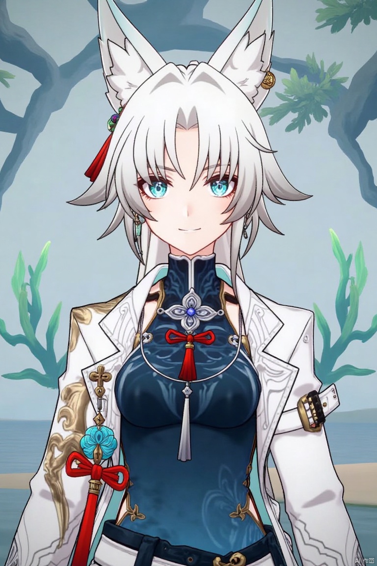 1girl,fx,slol,Movie poster, half body, middle text below "AGlong"Movie Poster Font Design,White hair, white fox ears, white long-sleeved coat,Dark blue vest, surrounded by leaves,