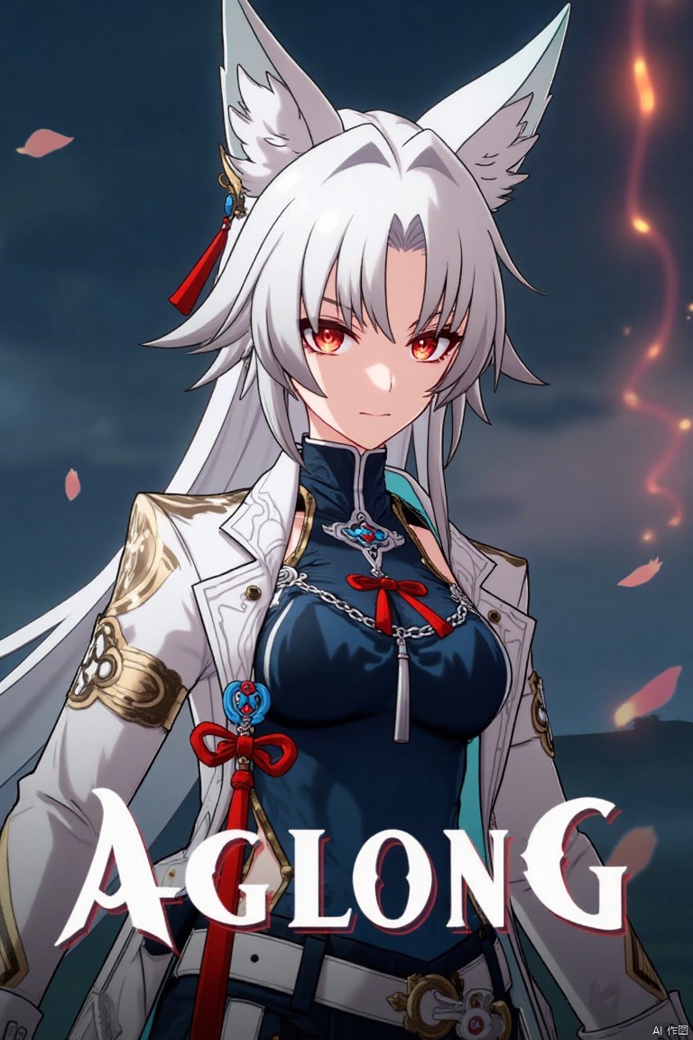 1girl, solo, half-body shot, dynamic action pose, movie poster style, middle text below AGlong in bold movie poster font design, three-dimensional character design, white hair, white fox ears, white long-sleeved coat, dark blue vest, leaves and petals scattered around, dramatic lighting with highlights on the character, detailed facial features, intense expression, cinematic composition, dark background with glowing accents, high contrast, professional movie poster aesthetic.