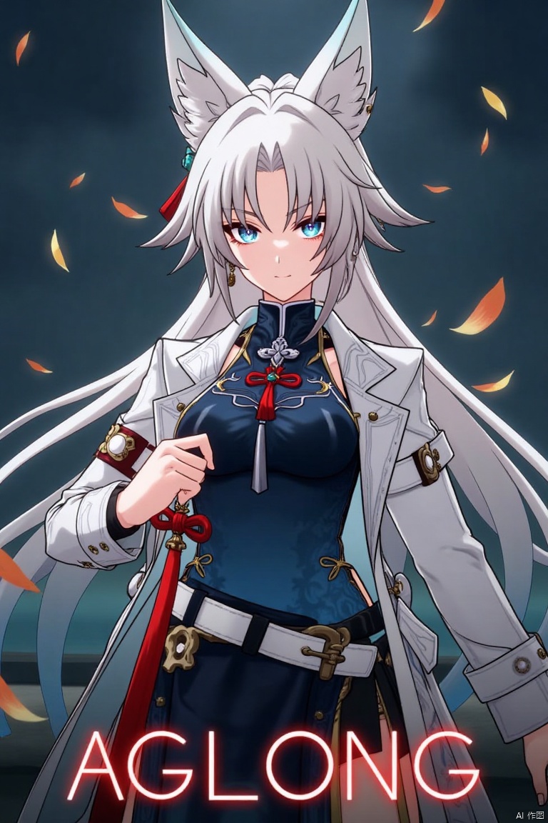 1girl, solo, half-body shot, dynamic action pose, movie poster style, middle text below AGlong in bold movie poster font design, three-dimensional character design, white hair, white fox ears, white long-sleeved coat, dark blue vest, leaves and petals scattered around, dramatic lighting with highlights on the character, detailed facial features, intense expression, cinematic composition, dark background with glowing accents, high contrast, professional movie poster aesthetic.
