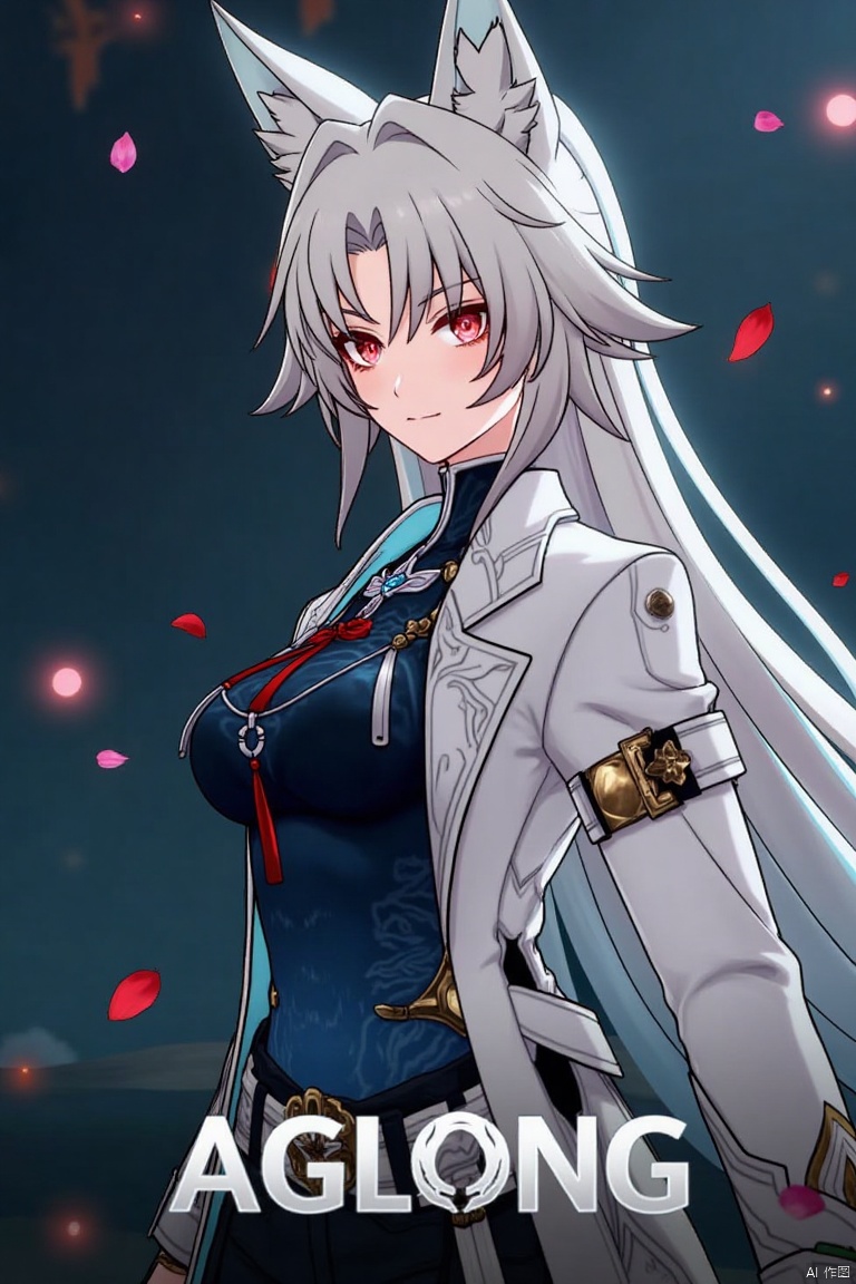 1girl, solo, half-body shot, dynamic action pose, movie poster style, middle text below AGlong in bold movie poster font design, three-dimensional character design, white hair, white fox ears, white long-sleeved coat, dark blue vest, leaves and petals scattered around, dramatic lighting with highlights on the character, detailed facial features, intense expression, cinematic composition, dark background with glowing accents, high contrast, professional movie poster aesthetic.