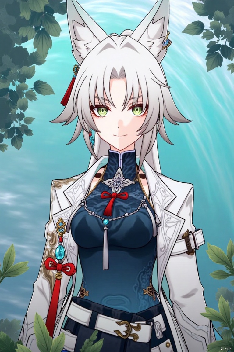 1girl,fx,slol,Movie poster, half body, middle text below "AGlong"Movie Poster Font Design,White hair, white fox ears, white long-sleeved coat,Dark blue vest, surrounded by leaves,