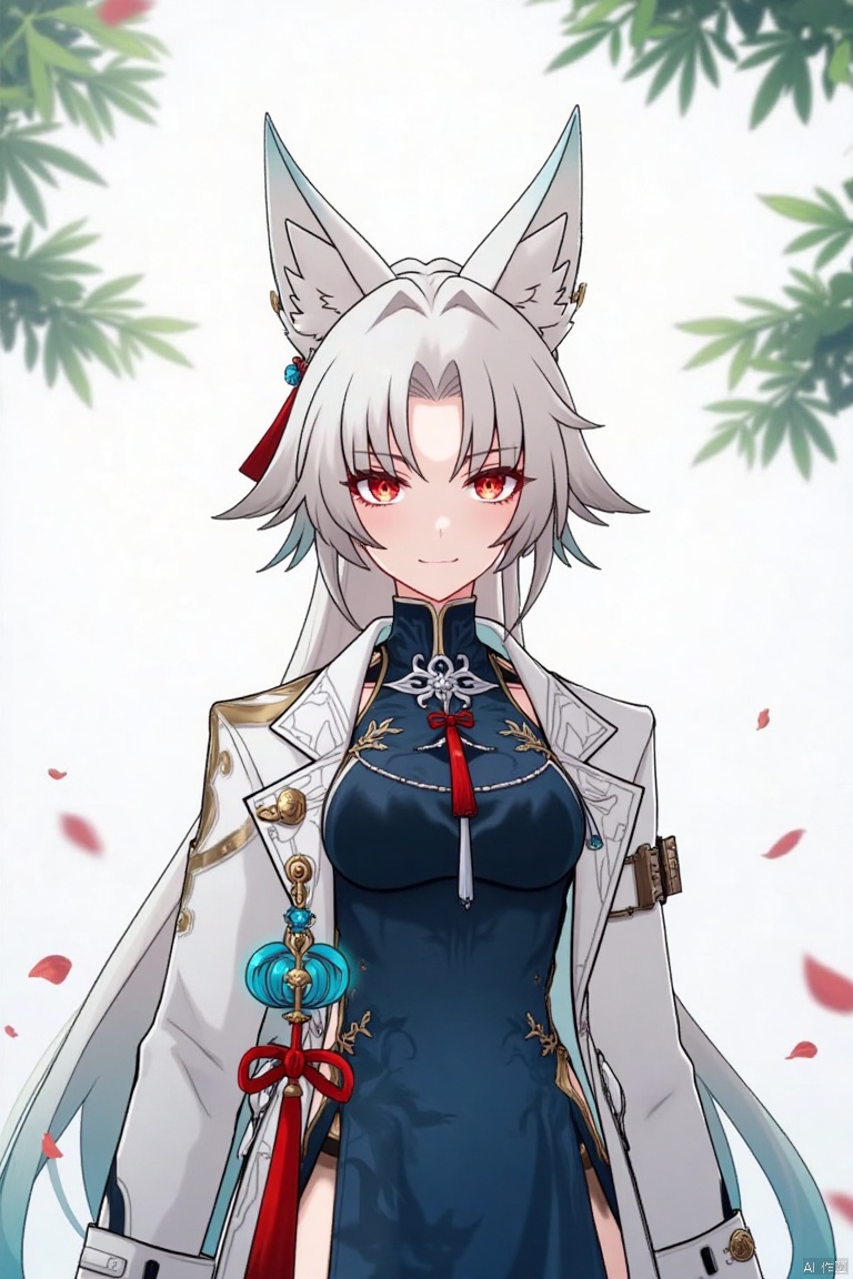 1girl,fx,slol,Movie poster, half body, (middle text below "AGlong"Movie Poster Font Design,Three-dimensional character design,)White hair, white fox ears, white long-sleeved coat,Dark blue vest, Leaves and petals are scattered around,