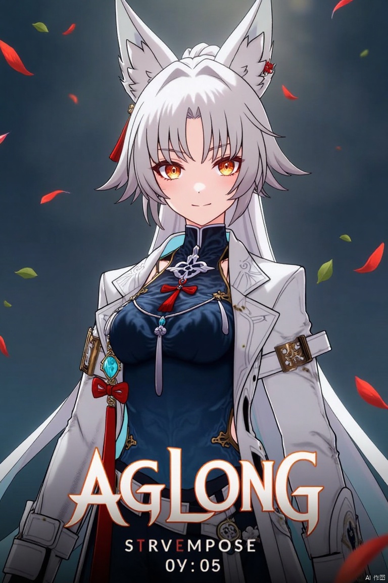 1girl, solo, half-body shot, dynamic action pose, movie poster style, middle text below AGlong in bold movie poster font design, three-dimensional character design, white hair, white fox ears, white long-sleeved coat, dark blue vest, leaves and petals scattered around, dramatic lighting with highlights on the character, detailed facial features, intense expression, cinematic composition, dark background with glowing accents, high contrast, professional movie poster aesthetic.