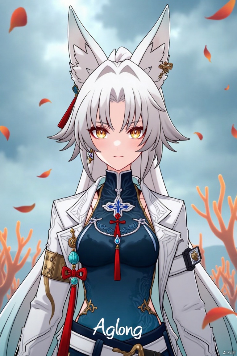 1girl,fx,slol,Movie poster, half body, (middle text below "AGlong"Movie Poster Font Design,Three-dimensional character design,)White hair, white fox ears, white long-sleeved coat,Dark blue vest, Leaves and petals are scattered around,