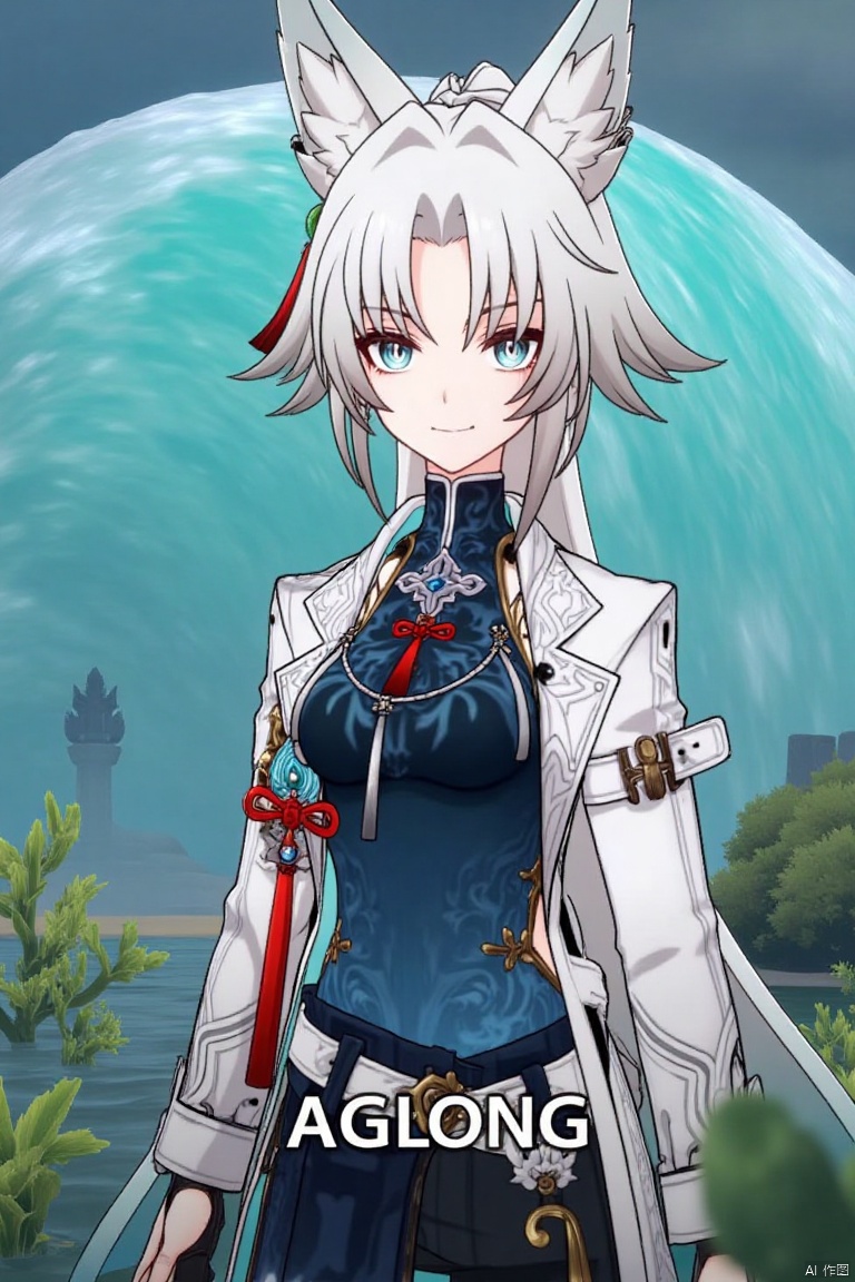 1girl,fx,slol,Movie poster, half body, middle text below "AGlong"Movie Poster Font Design,White hair, white fox ears, white long-sleeved coat,Dark blue vest, surrounded by leaves,