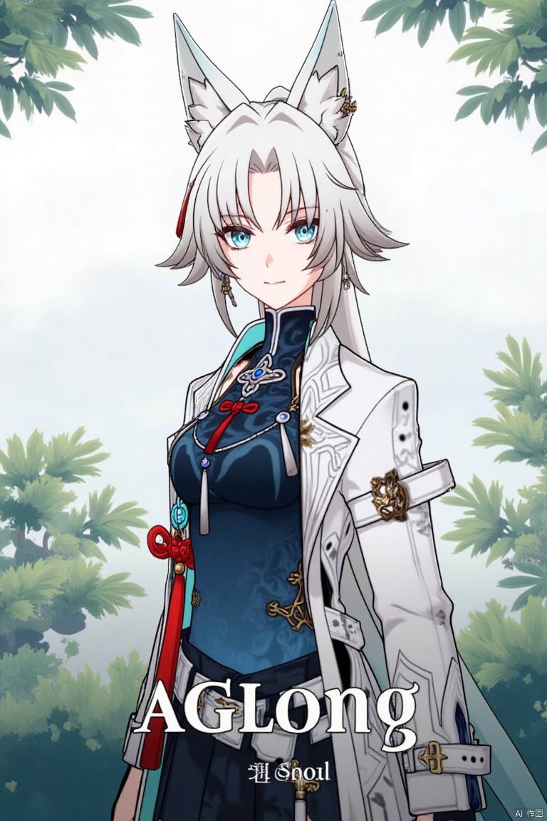 1girl,fx,slol,Movie poster, half body, middle text below "AGlong"Movie Poster Font Design,White hair, white fox ears, white long-sleeved coat,Dark blue vest, surrounded by leaves,