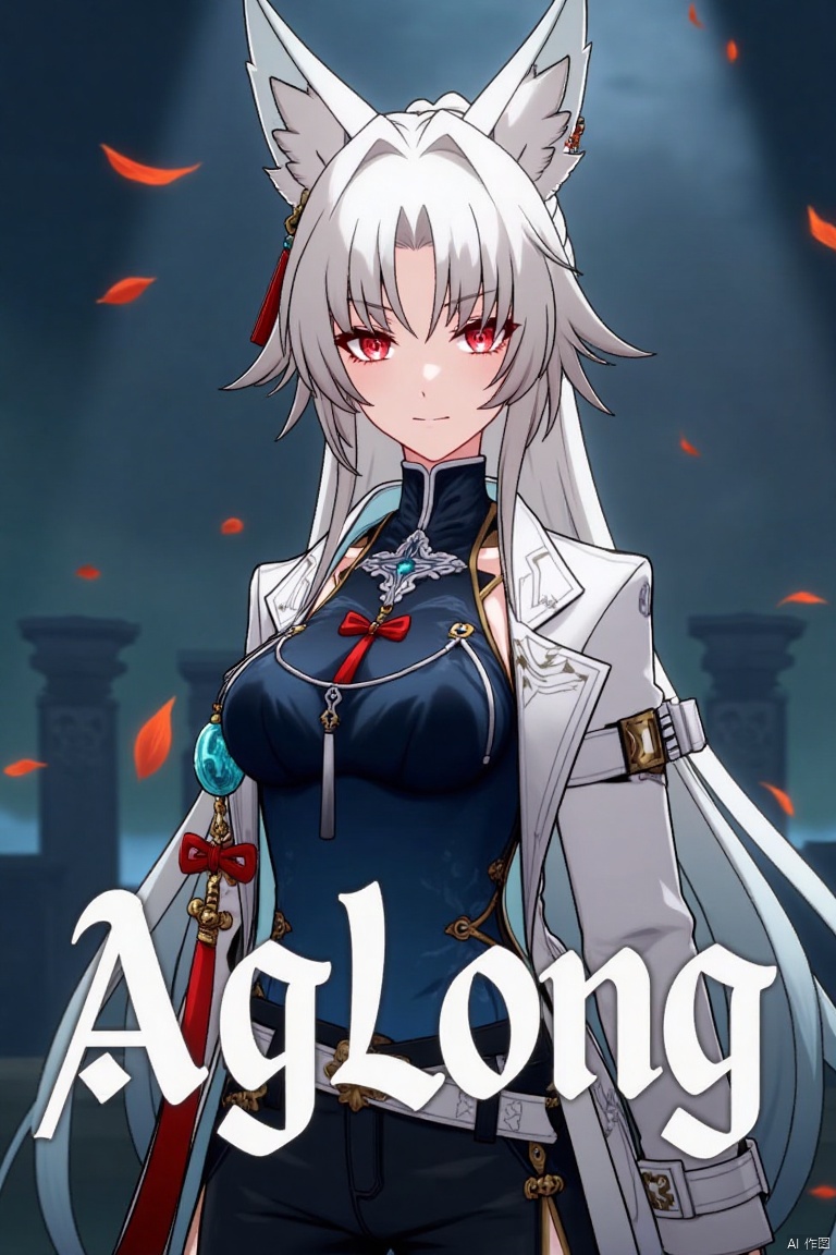 1girl, solo, half-body shot, dynamic action pose, movie poster style, middle text below AGlong in bold movie poster font design, three-dimensional character design, white hair, white fox ears, white long-sleeved coat, dark blue vest, leaves and petals scattered around, dramatic lighting with highlights on the character, detailed facial features, intense expression, cinematic composition, dark background with glowing accents, high contrast, professional movie poster aesthetic.