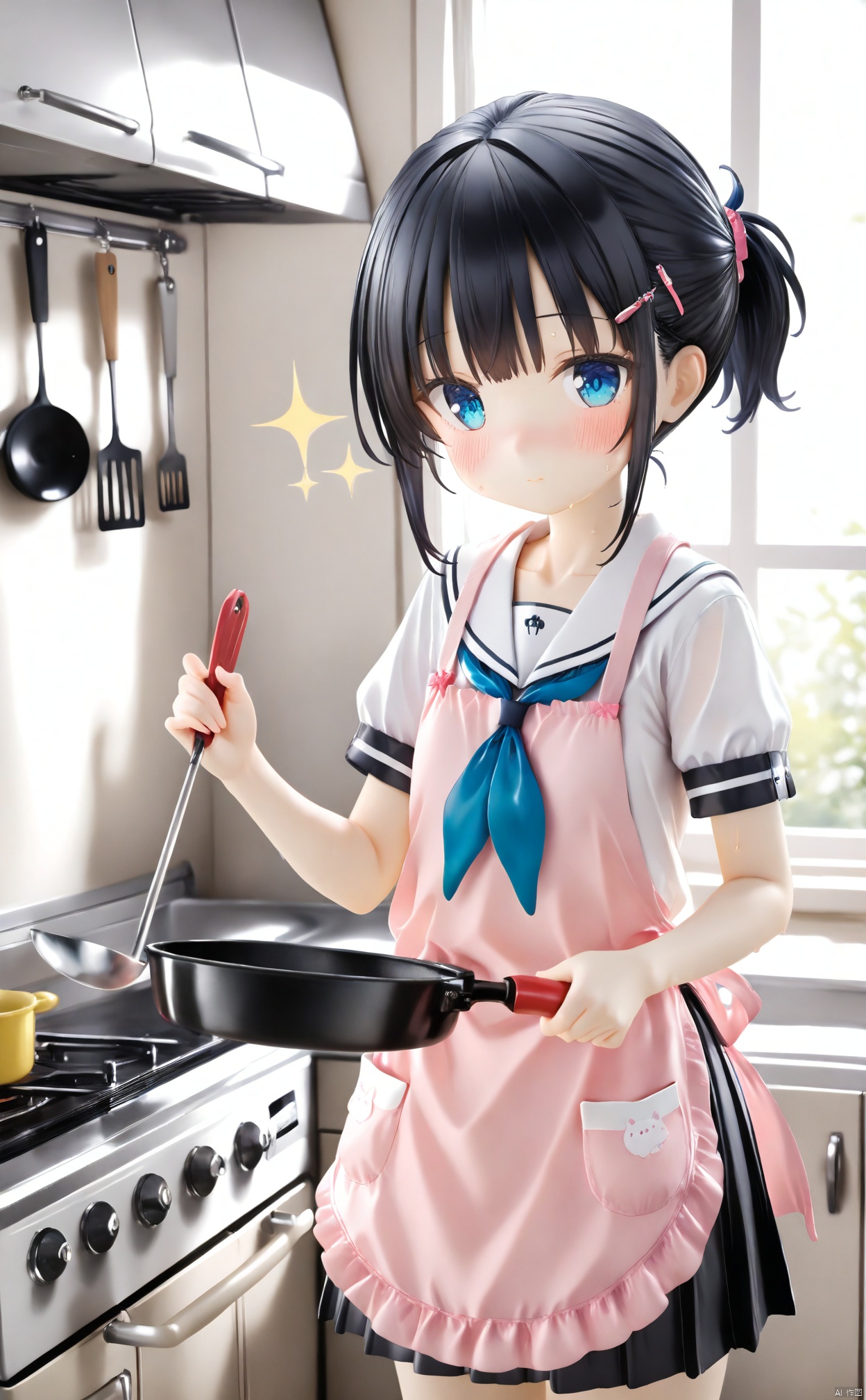 masterpiece,best quality,high quality,loli,PVC Style,1girl, frying pan, kitchen, stove, solo, holding frying pan, skirt, indoors, white sailor collar, school uniform, ladle, holding, pleated skirt, sailor collar, hair ornament, apron, pink apron, blue eyes, looking at viewer, black hair, holding ladle, hairclip, serafuku, sidelocks, blush, ponytail, black skirt, cooking, closed mouth, spatula, shirt, white shirt, cowboy shot, sparkle, window, short sleeves, neckerchief, blue neckerchief, standing, collarbone, short ponytail, short hair, sweat, cooking pot
