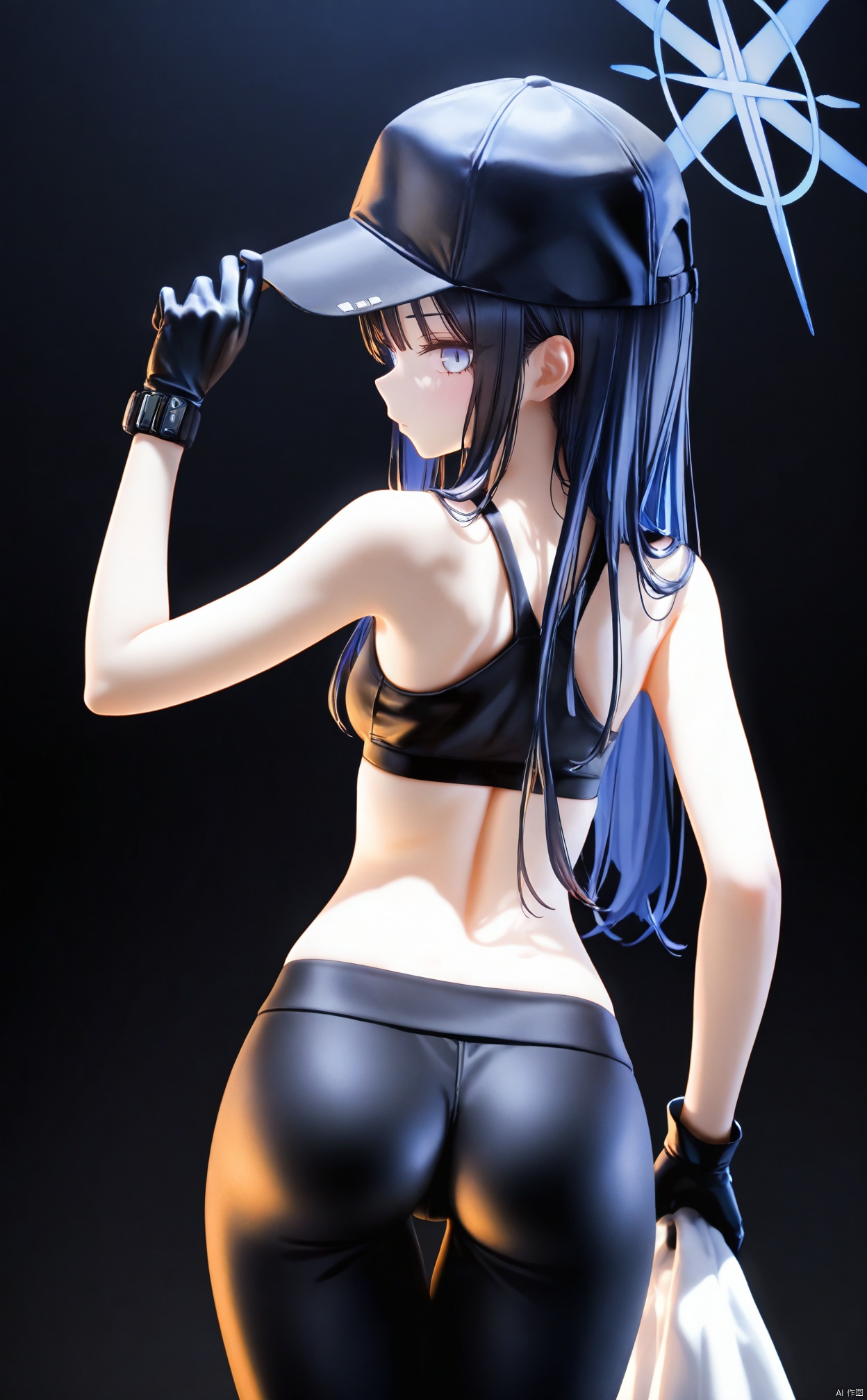 masterpiece,best quality,high quality,loli,PVC Style,(artist:ningen_mame:0.9),(artist:sho_(sho_lwlw):0.9),(artist:rhasta:0.9),(artist:wlop:0.7),(artist:ke-ta:0.6),(fkey:0.5),(tianliang duohe fangdongye:0.5),(hiten \(hitenkei\):0.6),Artist GiO,1girl,saori \(blue archive\),solo,halo,ass,baseball cap,hat,long hair,gloves,pants,black hair,blue eyes,black pants,black gloves,from behind,holding,looking at viewer,yoga pants,breasts,gradient background,black headwear,black sports bra,looking back,sports bra,blue hair,bare shoulders,leggings,underwear,thigh gap,back,standing,mask,simple_background,black_background,