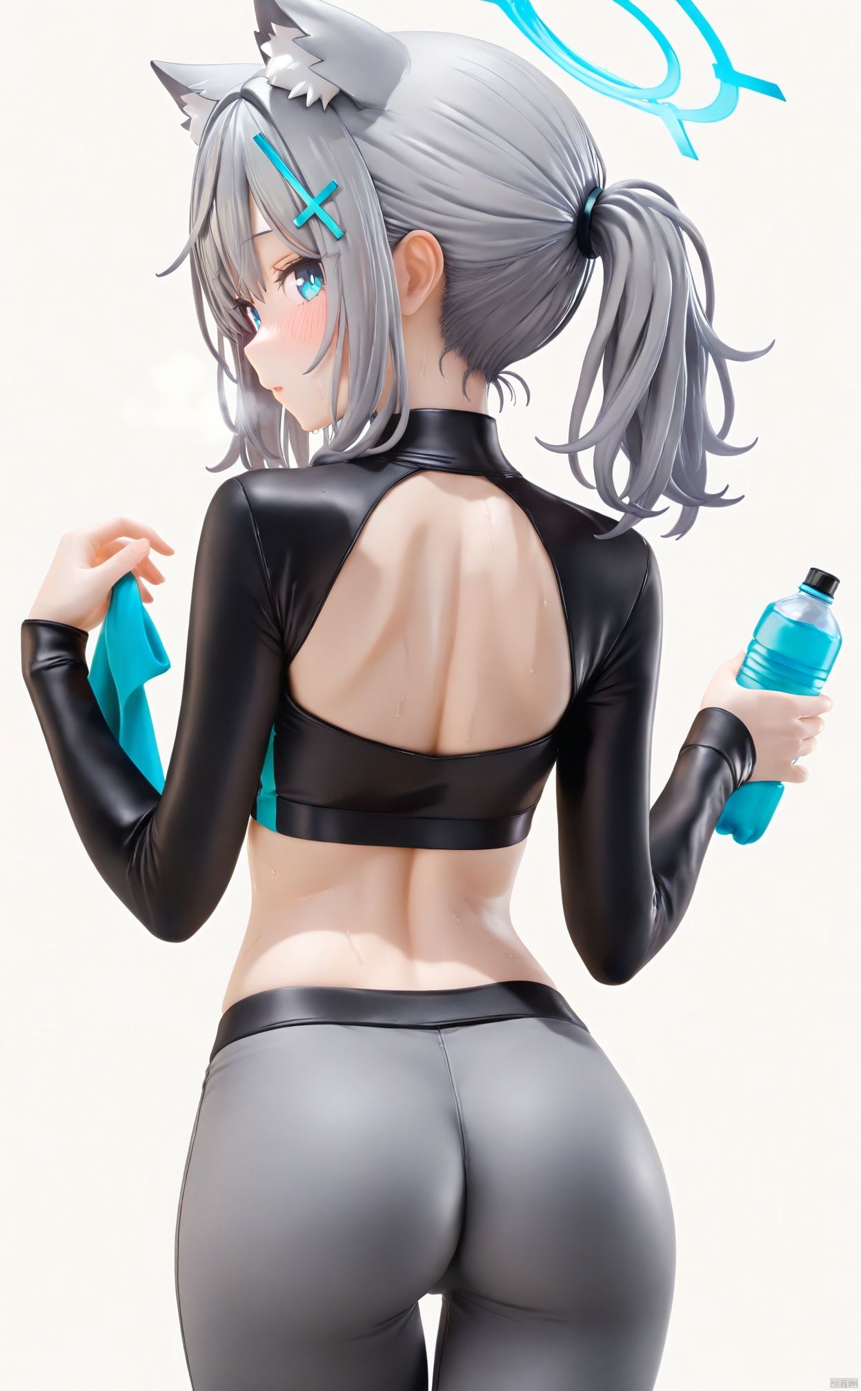 masterpiece,best quality,high quality,loli,PVC Style,,1girl,shiroko \(blue archive\),solo,animal ears,wolf ears,cross hair ornament,simple background,blue eyes,extra ears,pants,ass,grey hair,from behind,white background,looking at viewer,holding,long sleeves,breasts,bottle,animal ear fluff,blush,mismatched pupils,halo,hair ornament,back,yoga pants,medium breasts,holding bottle,looking back,grey pants,black shirt,shirt,crop top,median furrow,sweat,alternate costume,ponytail,medium hair,parted lips,cowboy shot