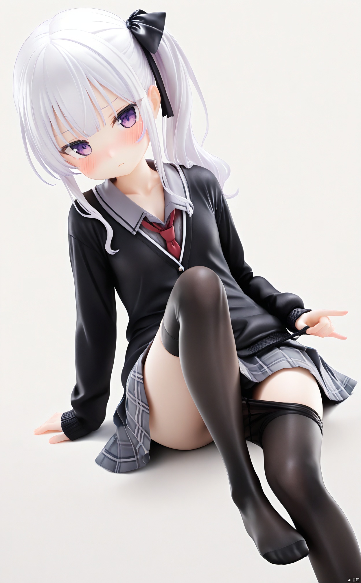 masterpiece,best quality,high quality,loli,PVC Style,1girl,solo,skirt,ribbon,purple eyes,long hair,hair ribbon,grey skirt,shirt,blush,simple background,pantyhose,looking at viewer,collared shirt,white background,pleated skirt,long sleeves,black ribbon,closed mouth,necktie,hair between eyes,white hair,plaid,grey shirt,plaid skirt,side ponytail,dutch angle,thighhighs,miniskirt,pantyhose pull,clothes pull,red necktie,cardigan,sidelocks,**********,black pantyhose,black cardigan,head tilt,knee up,black thighhighs,school uniform,invisible chair,no shoes,collarbone,frown,black sweater,pulled by self,ponytail,breasts,on_back,
