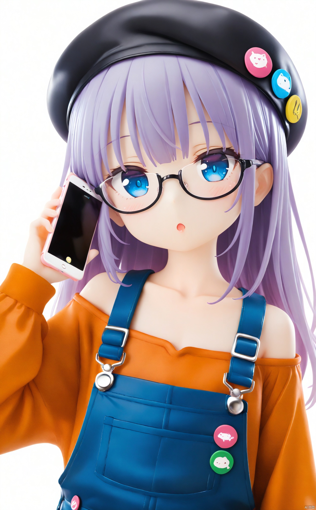 masterpiece,best quality,high quality,loli,PVC Style,1girl, solo, phone, long hair, blue eyes, glasses, cellphone, hat, off shoulder, overalls, holding, shirt, black headwear, holding phone, purple hair, under-rim eyewear, long sleeves, semi-rimless eyewear, parted lips, upper body, off-shoulder shirt, looking at viewer, collarbone, beret, white background, smartphone, black-framed eyewear, badge, bare shoulders, orange shirt, hand up, button badge, :o, simple background