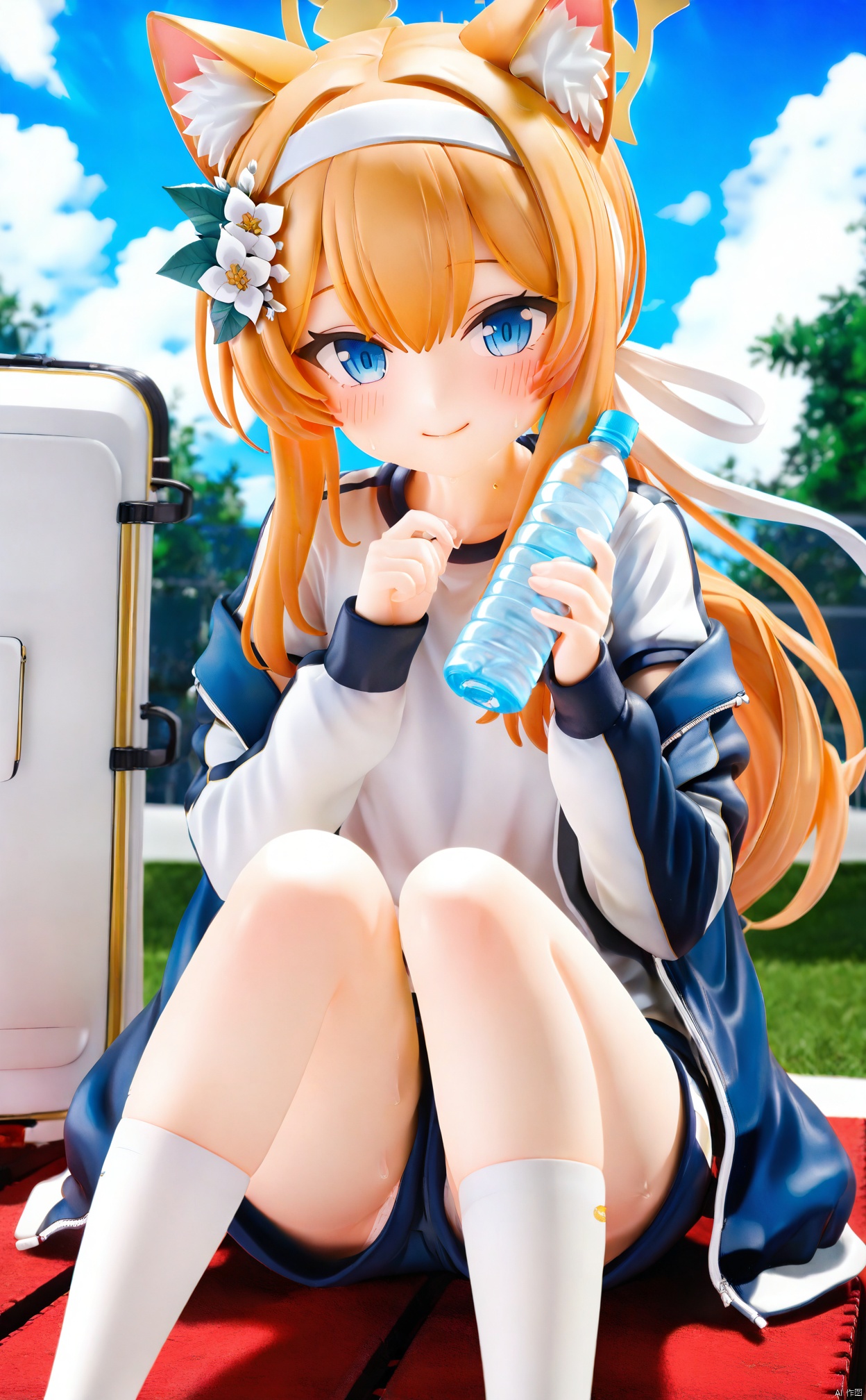 masterpiece,best quality,high quality,loli,PVC Style,1girl,mari \(blue archive\),mari \(track\) \(blue archive\),animal ears,solo,halo,blue eyes,yellow halo,shorts,jacket,official alternate costume,white socks,bottle,flower,gym uniform,hair ornament,socks,track jacket,blush,hair flower,animal ear fluff,long hair,looking at viewer,smile,shirt,holding,holding bottle,orange hair,white shirt,gym shorts,blue shorts,hairband,outdoors,water bottle,long sleeves,kneehighs,sky,blue sky,day,gym shirt,sweat,feet out of frame,open clothes,underwear,sitting,white hairband,blue jacket,panties,open jacket,knees up,white flower,cloud,short shorts,thighs,white panties