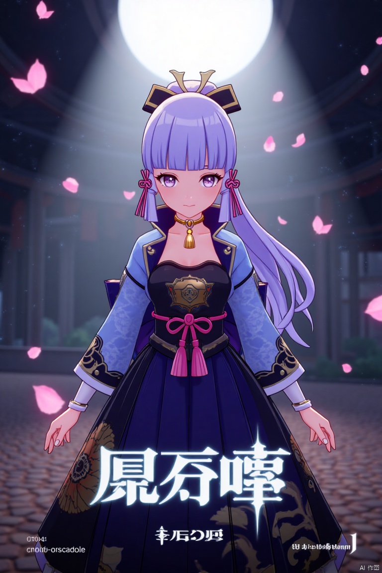 1girl, solo, long neck, long hair, movie poster style, half-body shot, centered composition, middle text below AGlong in bold movie poster font design, three-dimensional character design, light purple hair flowing elegantly, wearing a kimono with intricate patterns, layered over a dark blue dress, cherry blossom petals fluttering around in the background, soft pink and white petals contrasting with the dark tones, dramatic lighting with a spotlight effect on the character, cinematic atmosphere, detailed textures, high contrast, artistic and visually striking design.