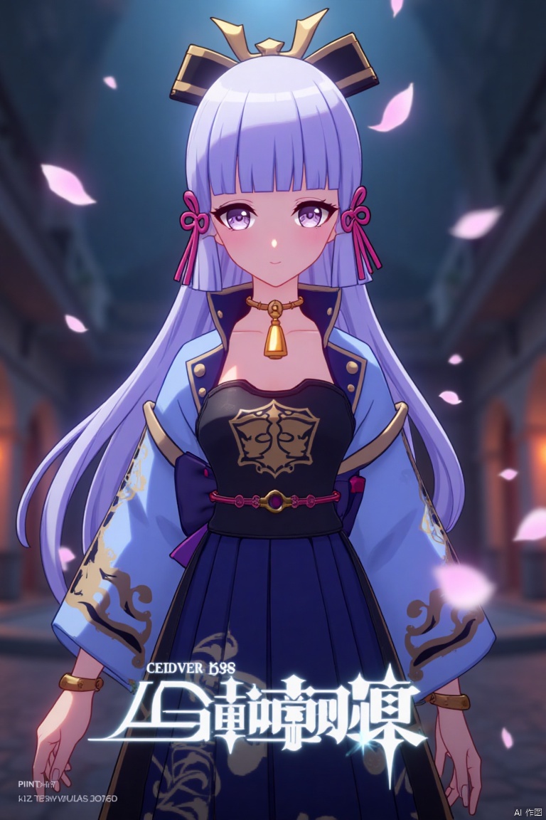 1girl, solo, long hair, movie poster style, half-body shot, centered composition, middle text below AGlong in bold movie poster font design, three-dimensional character design, light purple hair flowing elegantly, wearing a kimono with intricate patterns, layered over a dark blue dress, cherry blossom petals fluttering around in the background, soft pink and white petals contrasting with the dark tones, dramatic lighting with a spotlight effect on the character, cinematic atmosphere, detailed textures, high contrast, artistic and visually striking design.