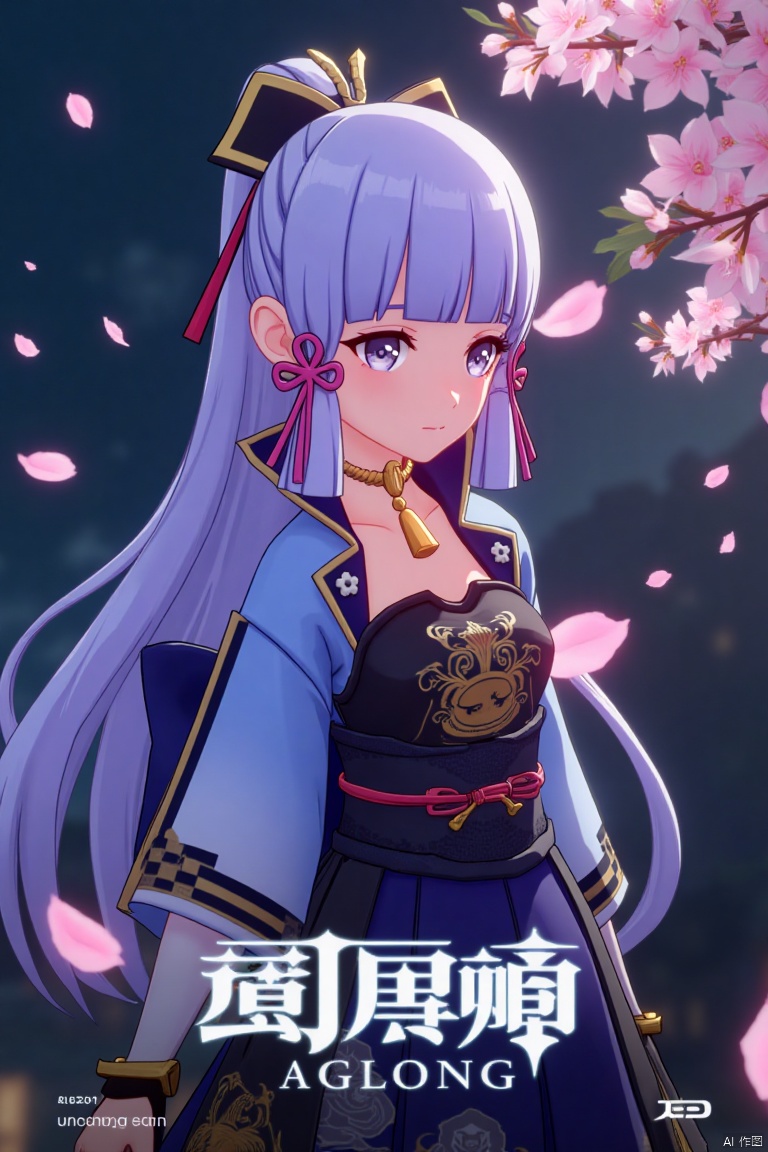 1girl, solo, long neck, long hair, movie poster style, half-body shot, centered composition, middle text below AGlong in bold movie poster font design, three-dimensional character design, light purple hair flowing elegantly, wearing a kimono with intricate patterns, layered over a dark blue dress, cherry blossom petals fluttering around in the background, soft pink and white petals contrasting with the dark tones, dramatic lighting with a spotlight effect on the character, cinematic atmosphere, detailed textures, high contrast, artistic and visually striking design.