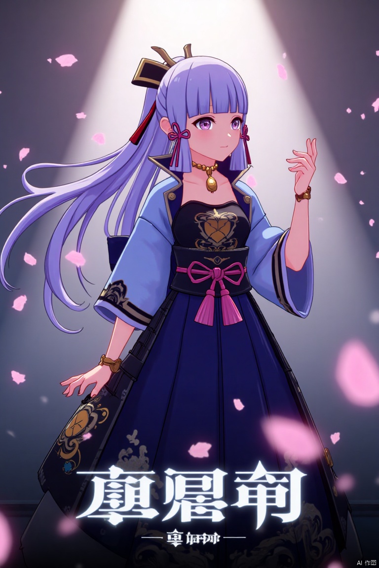 1girl, solo, long hair, movie poster style, half-body shot, centered composition, middle text below AGlong in bold movie poster font design, three-dimensional character design, light purple hair flowing elegantly, wearing a kimono with intricate patterns, layered over a dark blue dress, cherry blossom petals fluttering around in the background, soft pink and white petals contrasting with the dark tones, dramatic lighting with a spotlight effect on the character, cinematic atmosphere, detailed textures, high contrast, artistic and visually striking design.