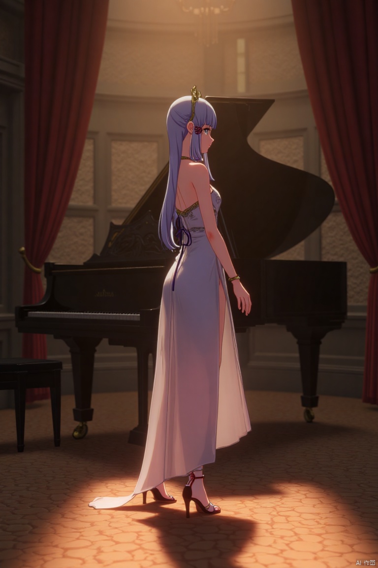 1girl, solo, long legs, long neck, slim legs, slim arms, slim body, elegant pose, standing in a dimly lit room, soft golden lighting, dramatic shadows, composition centered, wearing a flowing white dress, hair cascading down, serene expression, background featuring a grand piano and velvet curtains, cinematic framing, detailed textures, high contrast, artistic photography style.