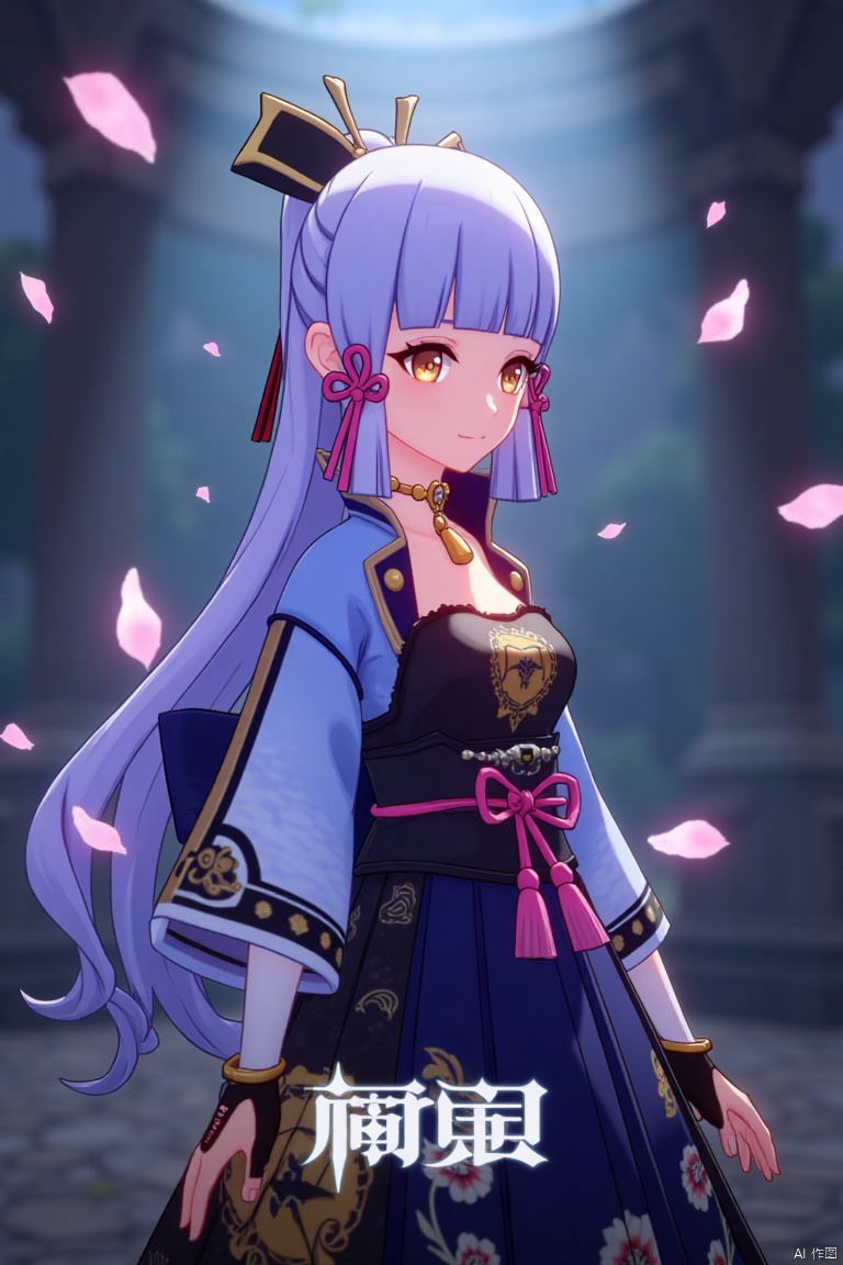 1girl, solo, long neck, long hair, movie poster style, half-body shot, centered composition, middle text below AGlong in bold movie poster font design, three-dimensional character design, light purple hair flowing elegantly, wearing a kimono with intricate patterns, layered over a dark blue dress, cherry blossom petals fluttering around in the background, soft pink and white petals contrasting with the dark tones, dramatic lighting with a spotlight effect on the character, cinematic atmosphere, detailed textures, high contrast, artistic and visually striking design.