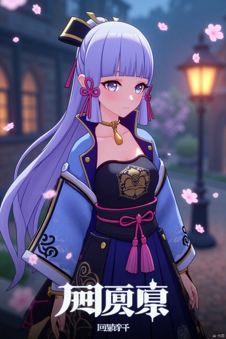 1girl, solo, long neck, long hair, movie poster style, half-body shot, centered composition, middle text below AGlong in bold movie poster font design, three-dimensional character design, light purple hair flowing elegantly, wearing a kimono with intricate patterns, layered over a dark blue dress, cherry blossom petals fluttering around in the background, soft pink and white petals contrasting with the dark tones, dramatic lighting with a spotlight effect on the character, cinematic atmosphere, detailed textures, high contrast, artistic and visually striking design.