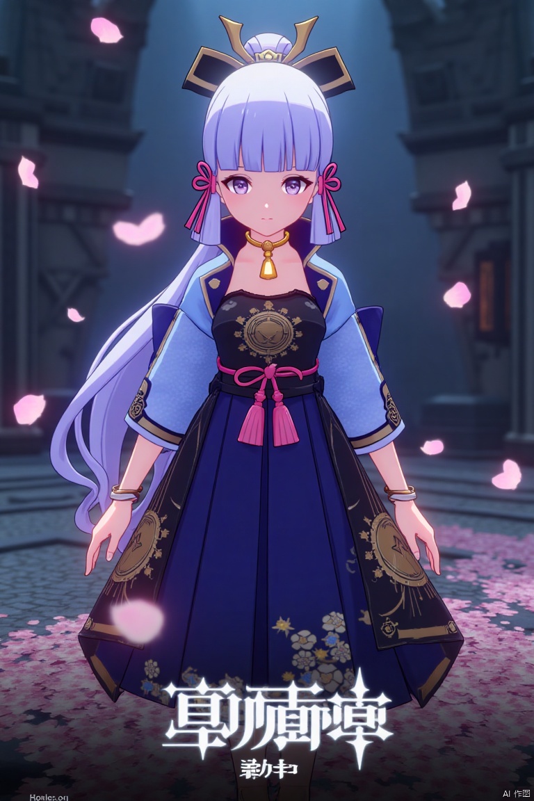 1girl, solo, long hair, movie poster style, half-body shot, centered composition, middle text below AGlong in bold movie poster font design, three-dimensional character design, light purple hair flowing elegantly, wearing a kimono with intricate patterns, layered over a dark blue dress, cherry blossom petals fluttering around in the background, soft pink and white petals contrasting with the dark tones, dramatic lighting with a spotlight effect on the character, cinematic atmosphere, detailed textures, high contrast, artistic and visually striking design.