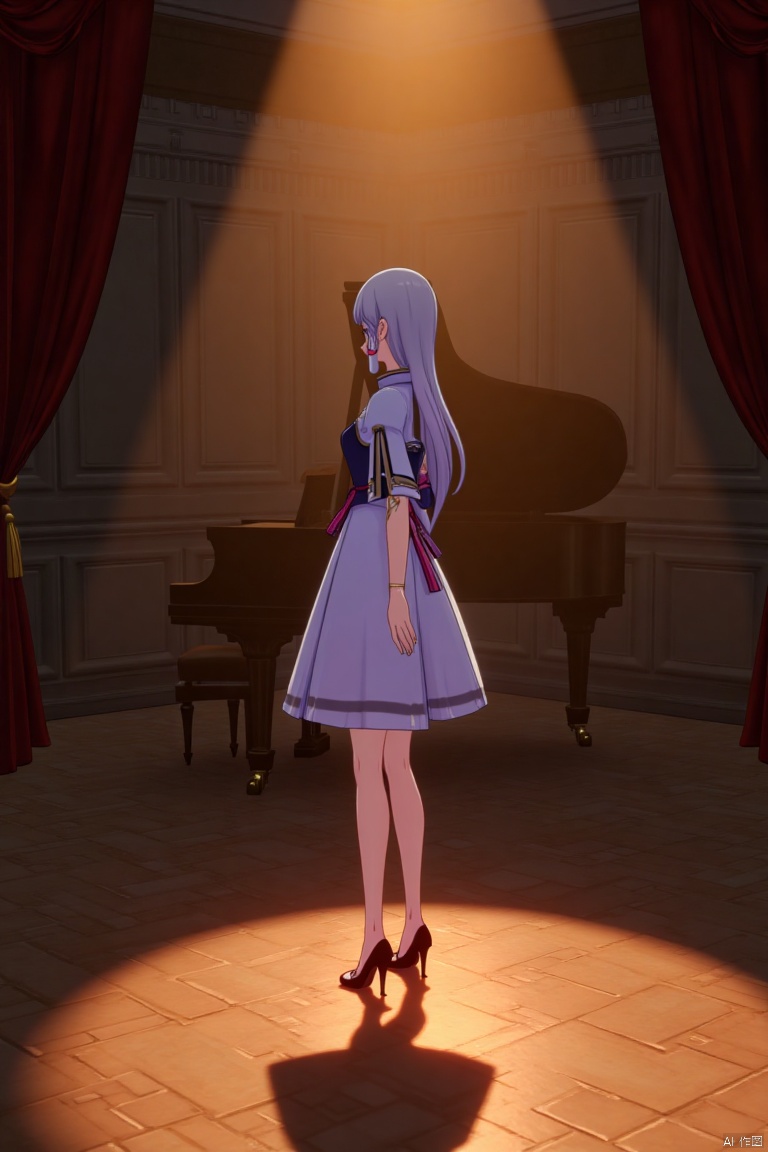 1girl, solo, long legs, long neck, slim legs, slim arms, slim body, elegant pose, standing in a dimly lit room, soft golden lighting, dramatic shadows, composition centered, wearing a flowing white dress, hair cascading down, serene expression, background featuring a grand piano and velvet curtains, cinematic framing, detailed textures, high contrast, artistic photography style.