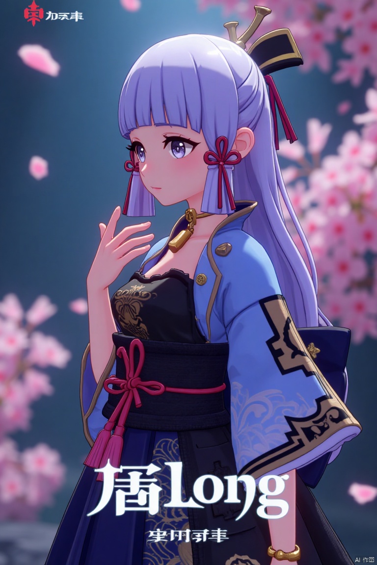 1girl, solo, long neck, long hair, movie poster style, half-body shot, centered composition, middle text below AGlong in bold movie poster font design, three-dimensional character design, light purple hair flowing elegantly, wearing a kimono with intricate patterns, layered over a dark blue dress, cherry blossom petals fluttering around in the background, soft pink and white petals contrasting with the dark tones, dramatic lighting with a spotlight effect on the character, cinematic atmosphere, detailed textures, high contrast, artistic and visually striking design.