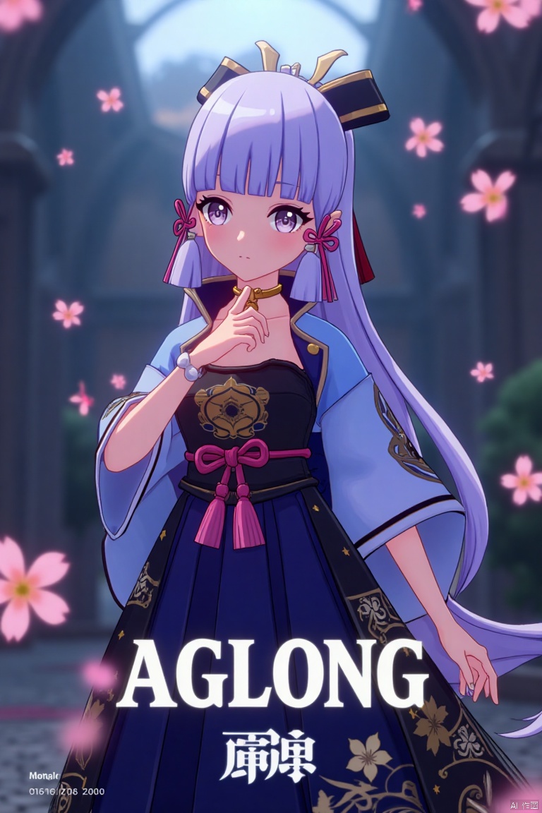 1girl, solo, long neck, long hair, movie poster style, half-body shot, centered composition, middle text below AGlong in bold movie poster font design, three-dimensional character design, light purple hair flowing elegantly, wearing a kimono with intricate patterns, layered over a dark blue dress, cherry blossom petals fluttering around in the background, soft pink and white petals contrasting with the dark tones, dramatic lighting with a spotlight effect on the character, cinematic atmosphere, detailed textures, high contrast, artistic and visually striking design.