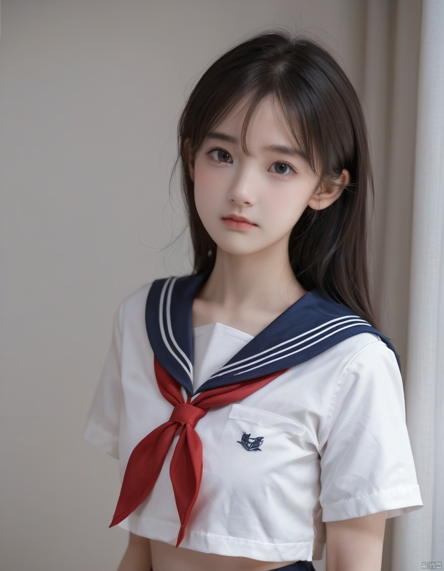 score_9,score_8_up,score_7_up,source_real,rating_explicit BREAK ,cute,beauty,pretty,make up,1girl,looking at viewer,closed mouth, ,realistic, sfw,school_uniform,sailor suit,,cosplay,upper_body,realistic,