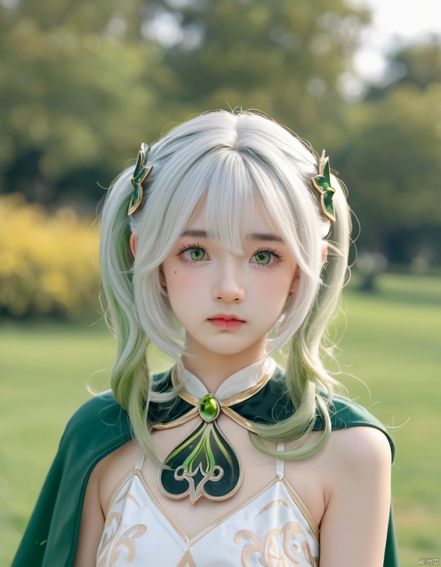 score_9,score_8_up,score_7_up,source_real,rating_explicit BREAK ,realistic,photography,50mm,ISO 500,Gaussian Noise,raw photo,depth of field,cute,beauty,pretty,detailed face,1girl,looking at viewer,closed mouth,sfw,cosplay,
(nahida\(genshin impact\):1.1),Green and white short dress, decorated with golden patterns and delicate lace, a large bow at the back, green cape with golden edges, small white flower hairpin on the side of the head, double ponytails with curly tips.
Highly detailed skin texture, pores and fine lines visible,realistic skin complexion,Skin with natural shine and translucency, 
Ultra-realistic skin with accurate color variation and smoothness,tear mole,beauty mark near the eye,holding sword