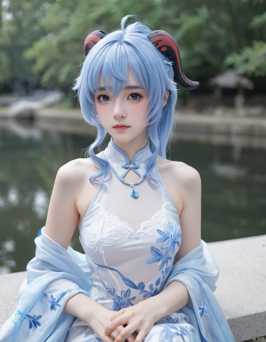 score_9,score_8_up,score_7_up,source_real,rating_explicit BREAK ,realistic,photography,50mm,ISO 500,Gaussian Noise,raw photo,depth of field,cute,beauty,pretty,detailed face,1girl,looking at viewer,closed mouth,sfw,cosplay,
(ganyu\(genshin impact\):1.1),blue hair,Blue and white traditional Chinese cheongsam-like dress with delicate ice-blue patterns and translucent lace on sleeves and skirt edges, long straight hair in a ponytail with side bangs that frame her face gracefully, a pair of blue crystal hairpins on each side of her head, a flowing blue ribbon tied around her ponytail, a translucent blue shawl with frosty details draped over her shoulders, blue knee-high boots with silver buckles, a silver waist chain with a sapphire pendant,
Highly detailed skin texture, pores and fine lines visible,realistic skin complexion,Skin with natural shine and translucency, 
Ultra-realistic skin with accurate color variation and smoothness,tear mole,beauty mark near the eye,holding sword