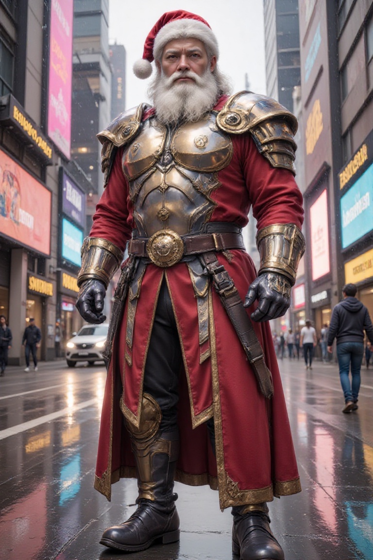 In the heart of a futuristic,  neon-lit metropolis,  Santa Claus stands transformed into a rugged on Tensor.Art
