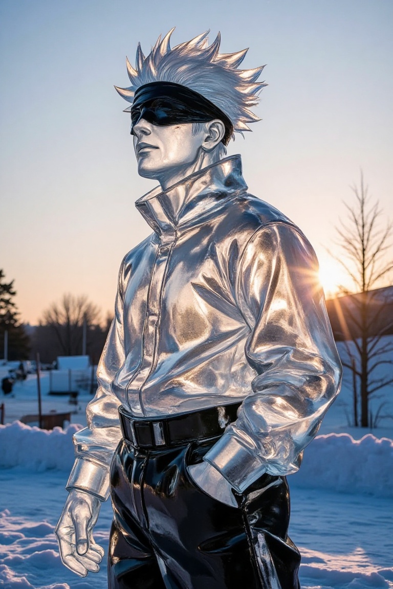 sculpture of Satoru Gojo made of clear ice,  dynamic pose,  full body view. The snowy landscape in the background reflects...