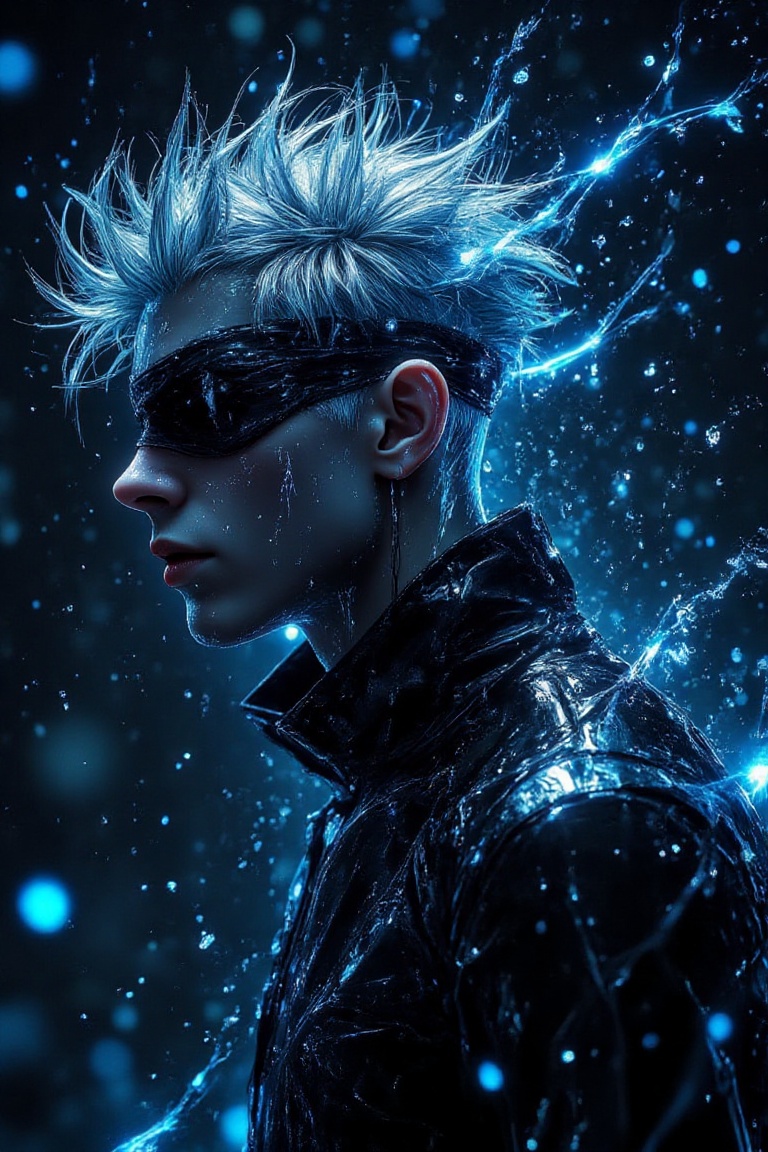 A highly detailed side profile of a mysterious,  futuristic character immersed in an ethereal water-themed environment. Th...