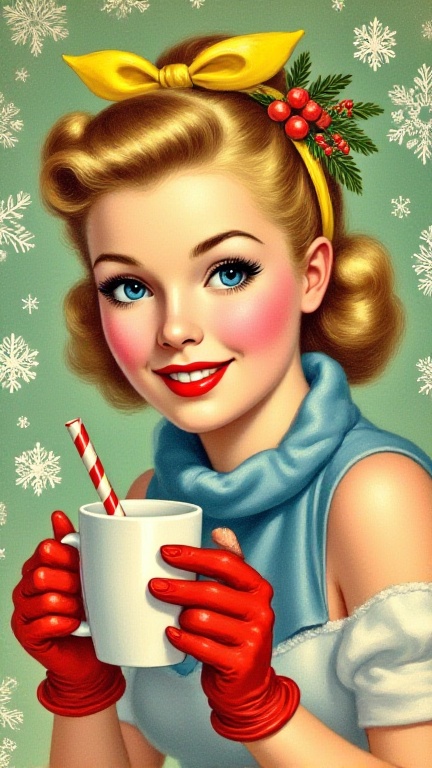 1940s retro kitsch style,  portrait of a blonde woman with blue eyes and a yellow bow on her head. She is holding a white...
