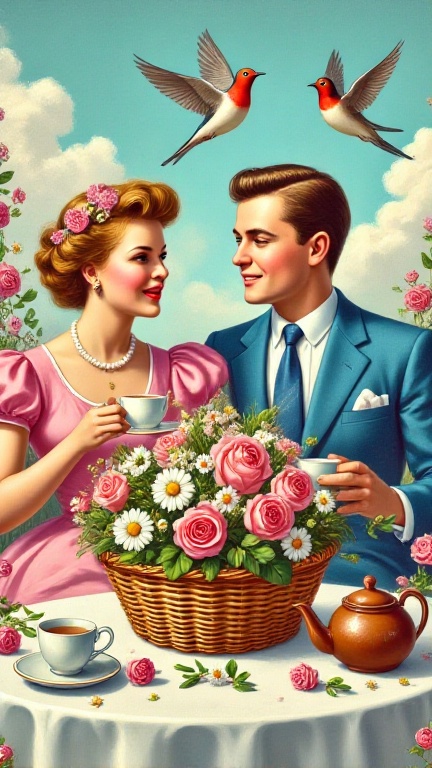 Surreal style retro kitsch,  depiction of a beautiful woman in a pink dress and a handsome man in a blue suit and tie are...