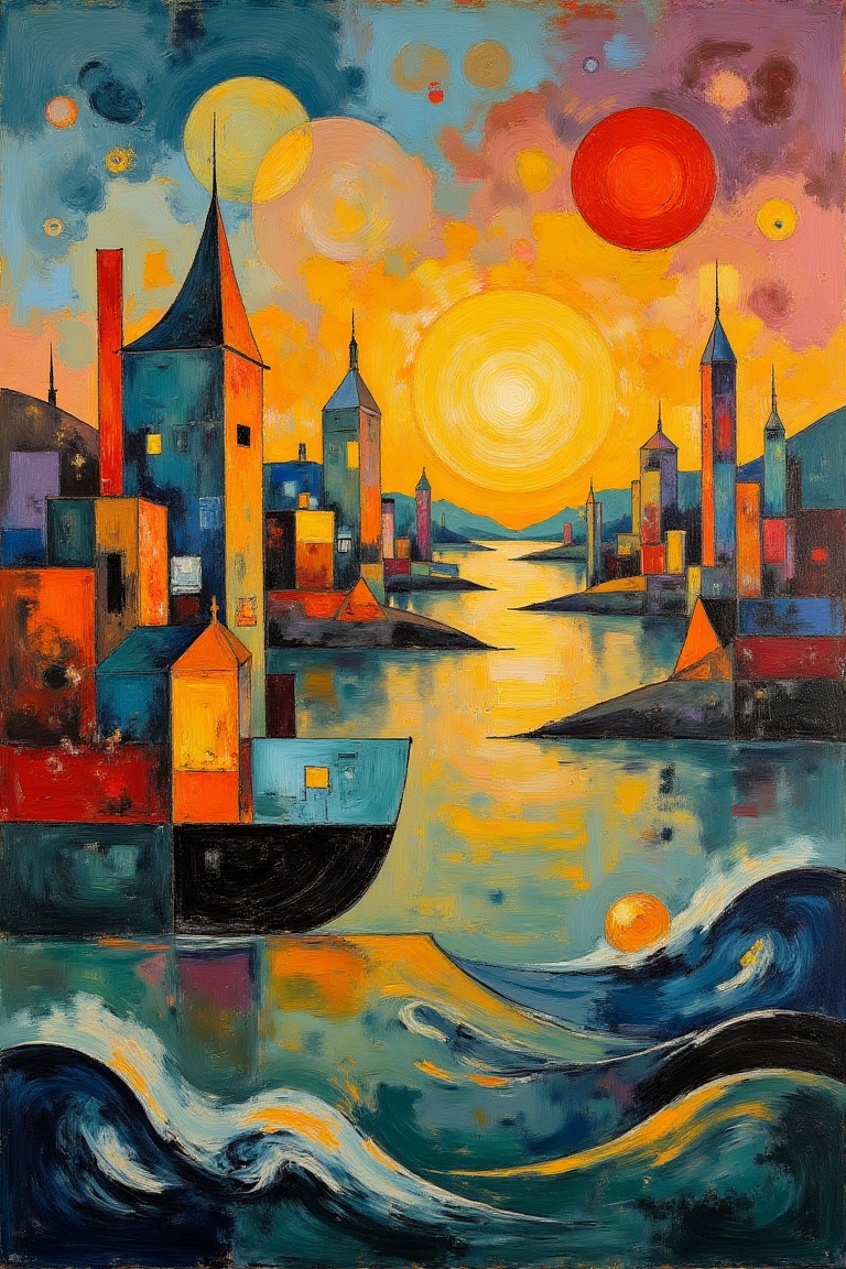 An abstract surrealist painting featuring a cityscape,  boat,  ocean on Tensor.Art