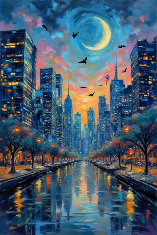 A surreal cityscape unfolds at dusk,  with the crescent moon glowing bright in a wispy blue sky. Towering skyscrapers morp...