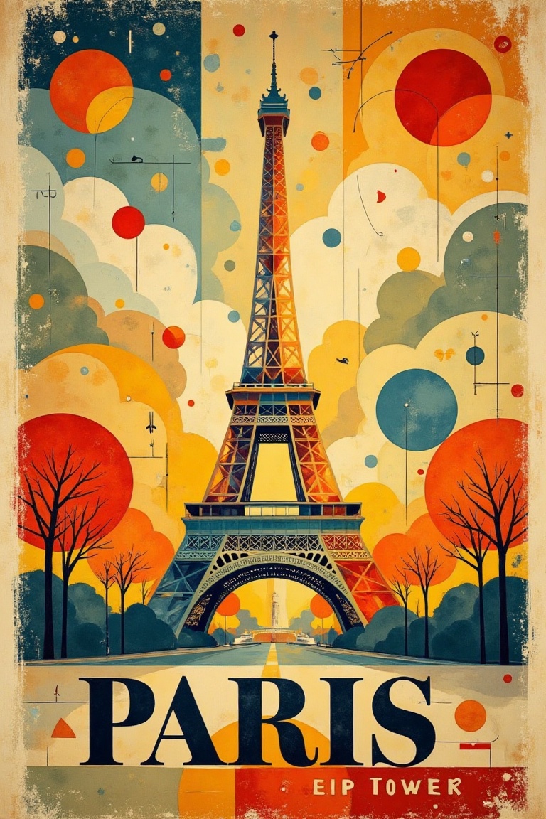 A vintage-style travel poster in an abstract surrealist style,  featuring the Eiffel Tower in Paris. The composition is vi...
