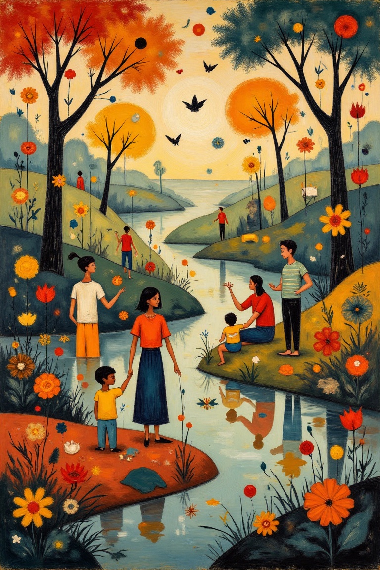 An abstract surrealist painting depicting a family reunion. The composition features a dreamlike gathering of family membe...