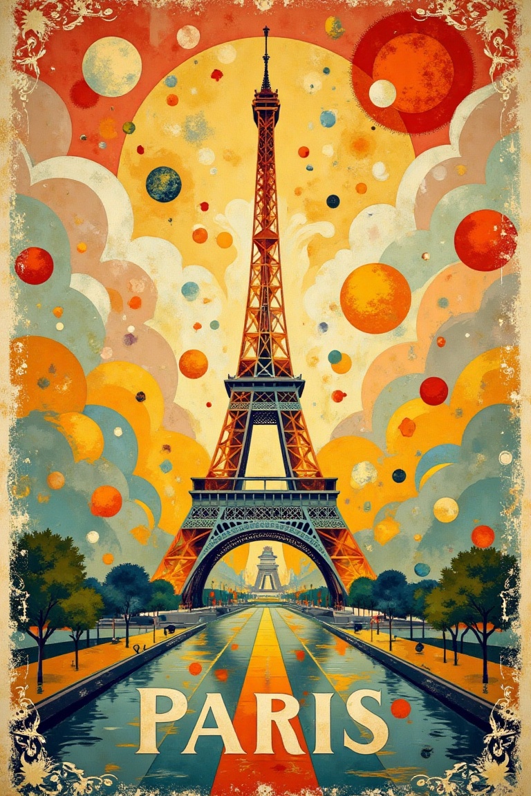 A vintage-style travel poster in an abstract surrealist style,  featuring the Eiffel Tower in Paris. The composition is vi...