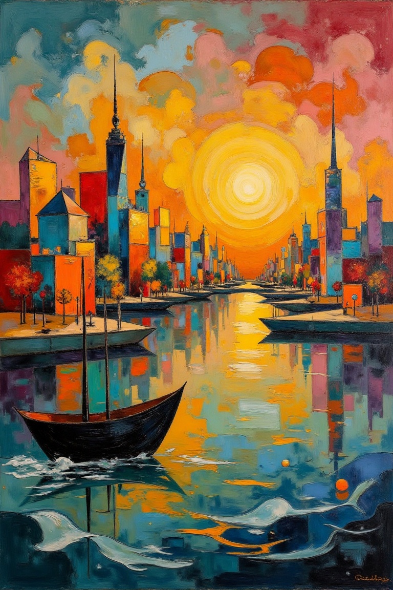 An abstract surrealist painting featuring a cityscape,  boat,  ocean on Tensor.Art