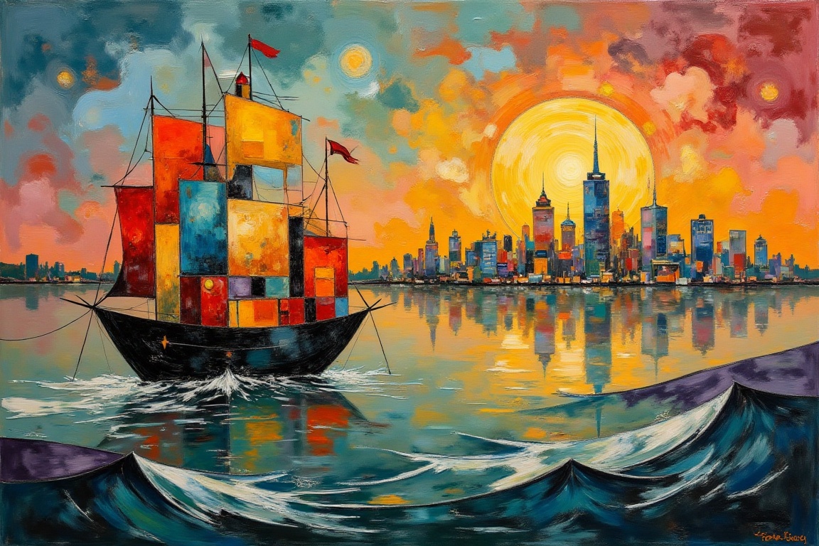 An abstract surrealist painting showcasing a metropolis city,  boat,  ocean on Tensor.Art